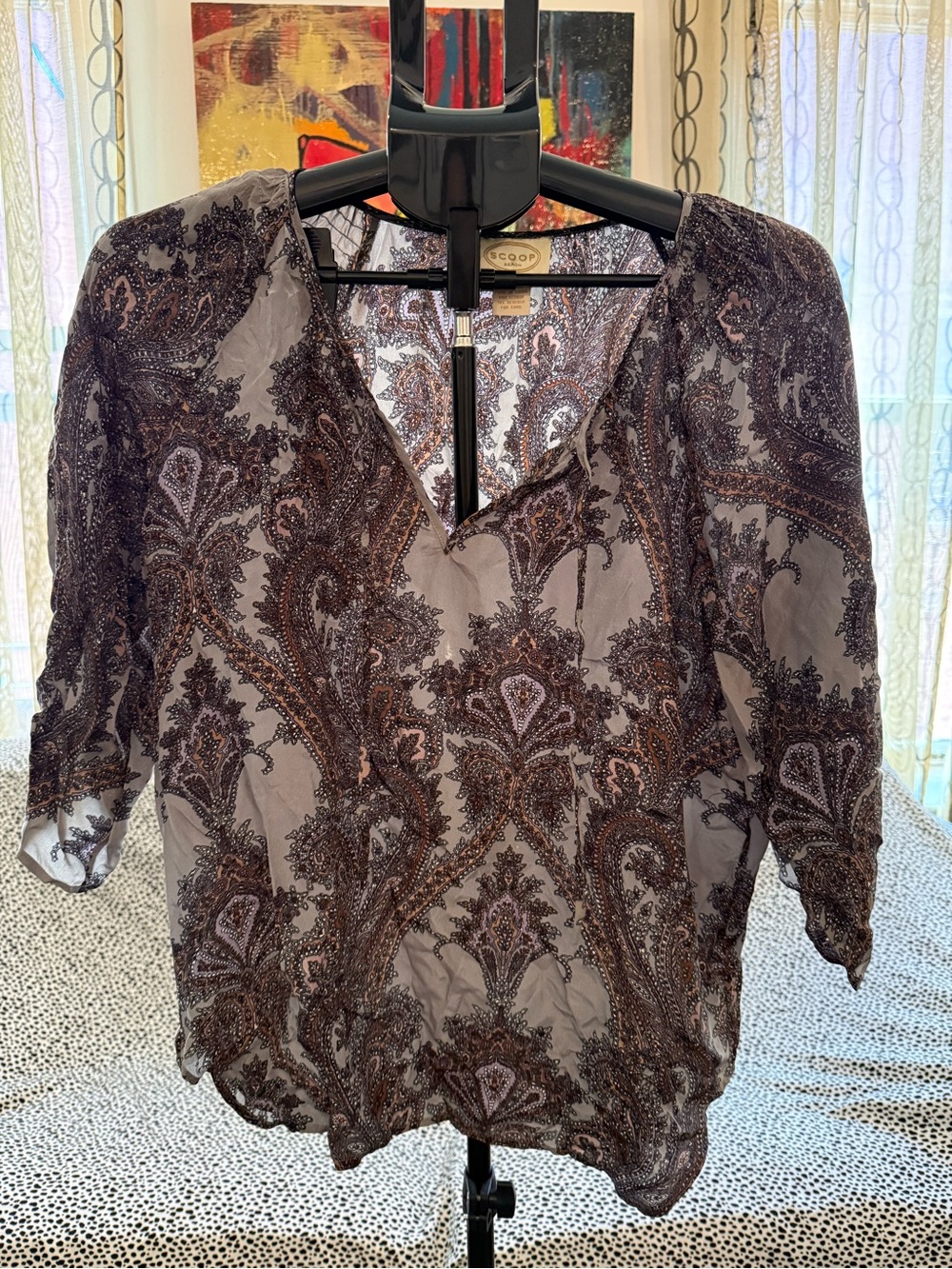 Scoop NYC Sheer Paisley 100% Silk Blouse in Brown and Cream